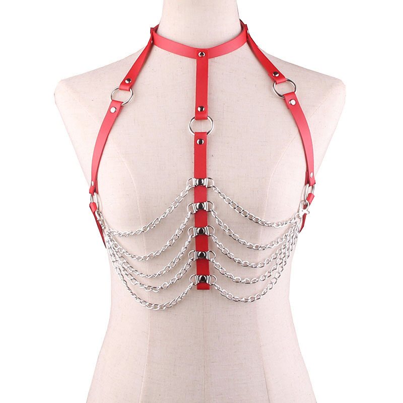 DISCOUNT Chain Desire Harness – Keinonahkaiset Rintavaljaat Koristeketjuilla Punainen