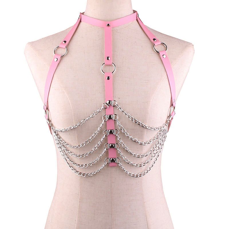DISCOUNT Chain Desire Harness – Keinonahkaiset Rintavaljaat Koristeketjuilla Pinkki