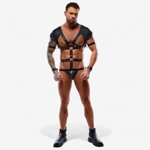 Svenjoyment Bondage-body miehille – näyttävä valjasasu avoimella takaosalla