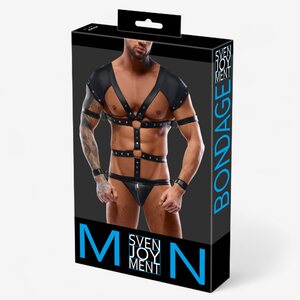Svenjoyment Bondage-body miehille – näyttävä valjasasu avoimella takaosalla