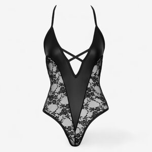 Cottelli Lingerie Sexy Black Deep-V Bodysuit with Lace Details