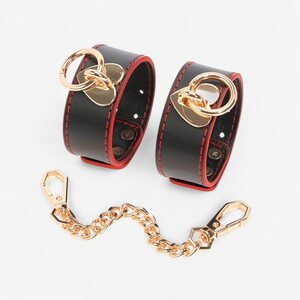LateToBed Ankle Cuffs with Golden Heart Chain – Black & Red Luxury BDSM
