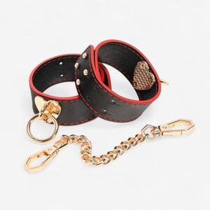 LateToBed Ankle Cuffs with Golden Heart Chain – Black & Red Luxury BDSM