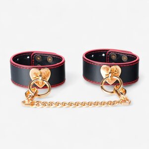 LateToBed Ankle Cuffs with Golden Heart Chain – Black & Red Luxury BDSM
