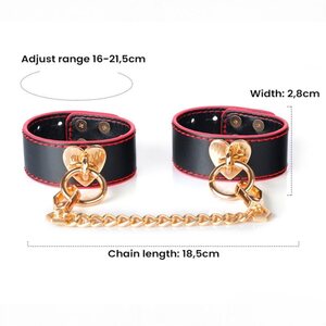 LateToBed Wrist Cuffs with Golden Heart Chain – Black & Red BDSM Design