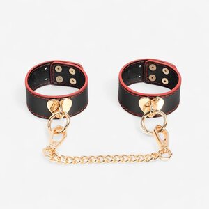 LateToBed Wrist Cuffs with Golden Heart Chain – Black & Red BDSM Design