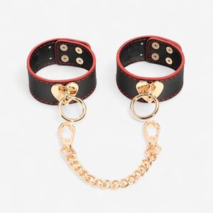 LateToBed Wrist Cuffs with Golden Heart Chain – Black & Red BDSM Design