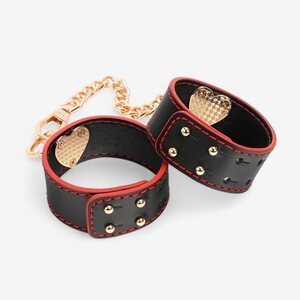 LateToBed Wrist Cuffs with Golden Heart Chain – Black & Red BDSM Design