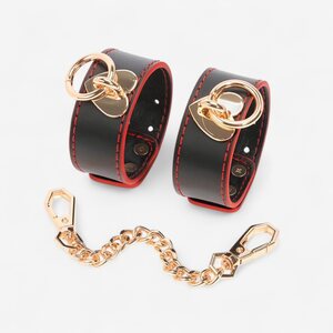 LateToBed Wrist Cuffs with Golden Heart Chain – Black & Red BDSM Design