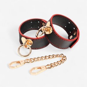 LateToBed Wrist Cuffs with Golden Heart Chain – Black & Red BDSM Design