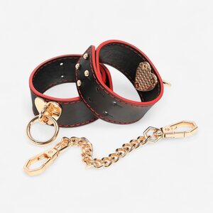 LateToBed Wrist Cuffs with Golden Heart Chain – Black & Red BDSM Design