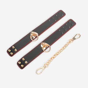 LateToBed Wrist Cuffs with Golden Heart Chain – Black & Red BDSM Design
