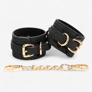 LateToBed Wrist Cuffs with Golden Chain – Elegant BDSM Design