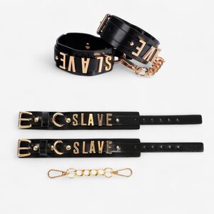 LateToBed SLAVE Wrist Cuffs – Black with Golden Chain