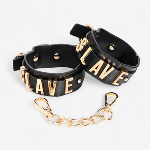 LateToBed SLAVE Wrist Cuffs – Black with Golden Chain