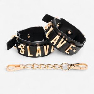 LateToBed SLAVE Wrist Cuffs – Black with Golden Chain