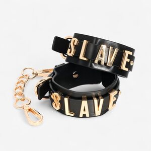 LateToBed SLAVE Wrist Cuffs – Black with Golden Chain