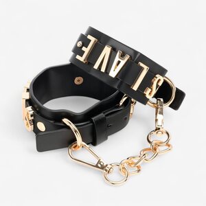 LateToBed SLAVE Wrist Cuffs – Black with Golden Chain