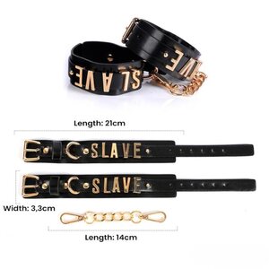 LateToBed SLAVE Wrist Cuffs – Black with Golden Chain