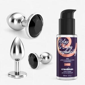 Crushious Bijou Luxe anaaliplugi-harjoitussetti, metalli 3 kpl – musta jalokivi + 50 ml liukuvoide