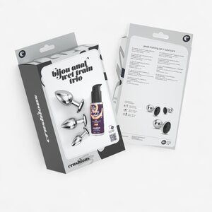 Crushious Bijou Luxe anaaliplugi-harjoitussetti, metalli 3 kpl – musta jalokivi + 50 ml liukuvoide