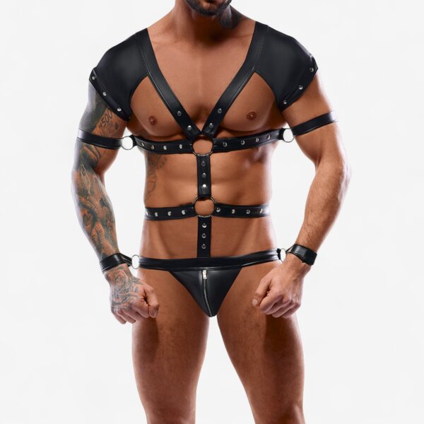 Svenjoyment Bondage-body miehille – näyttävä valjasasu avoimella takaosalla
