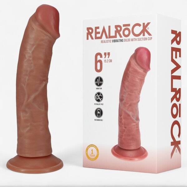 Real Rock Vibrating Realistic Dildo with Suction Cup – 6” Curved, Rechargeable