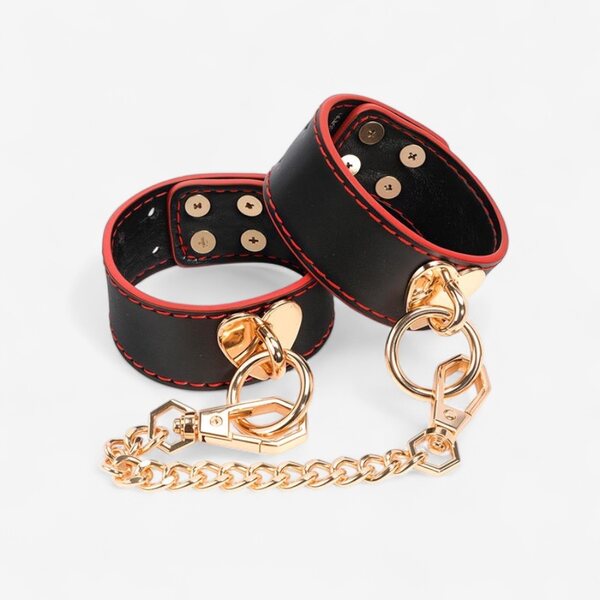 LateToBed Wrist Cuffs with Golden Heart Chain – Black & Red BDSM Design