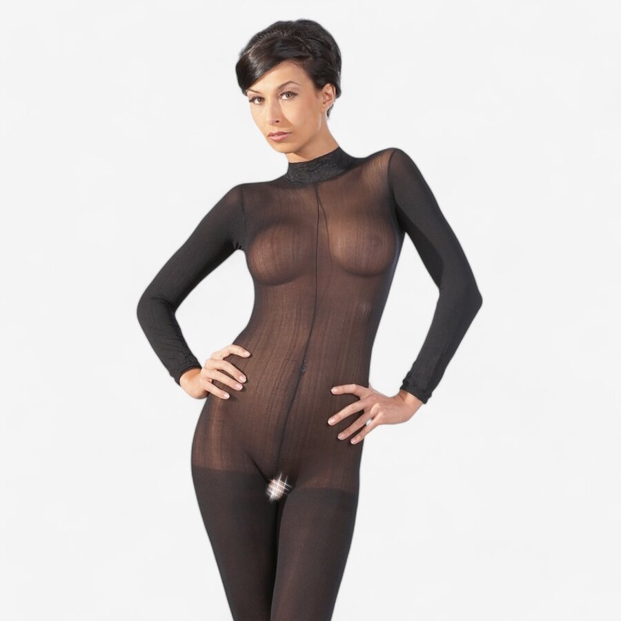 NO:XQSE Pitkähihainen Catsuit Bodystocking – Avoin Haara & Pitsikaulus, Musta