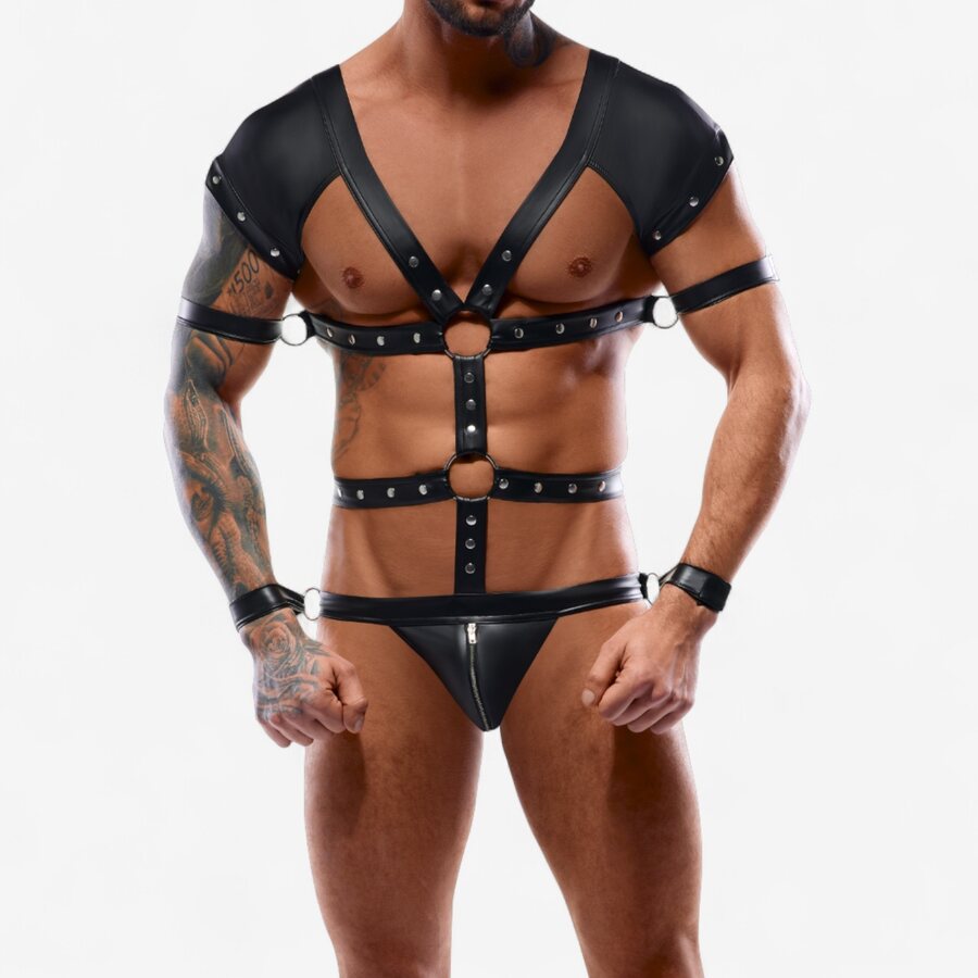 Svenjoyment Bondage-body miehille – näyttävä valjasasu avoimella takaosalla