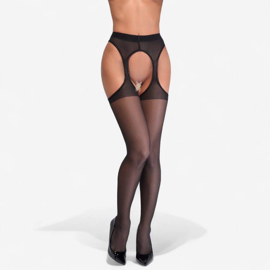 Cottelli Legwear Mustat Haarattomat Suspender Sukkahousut 20 den – Avomalli Takasaumalla