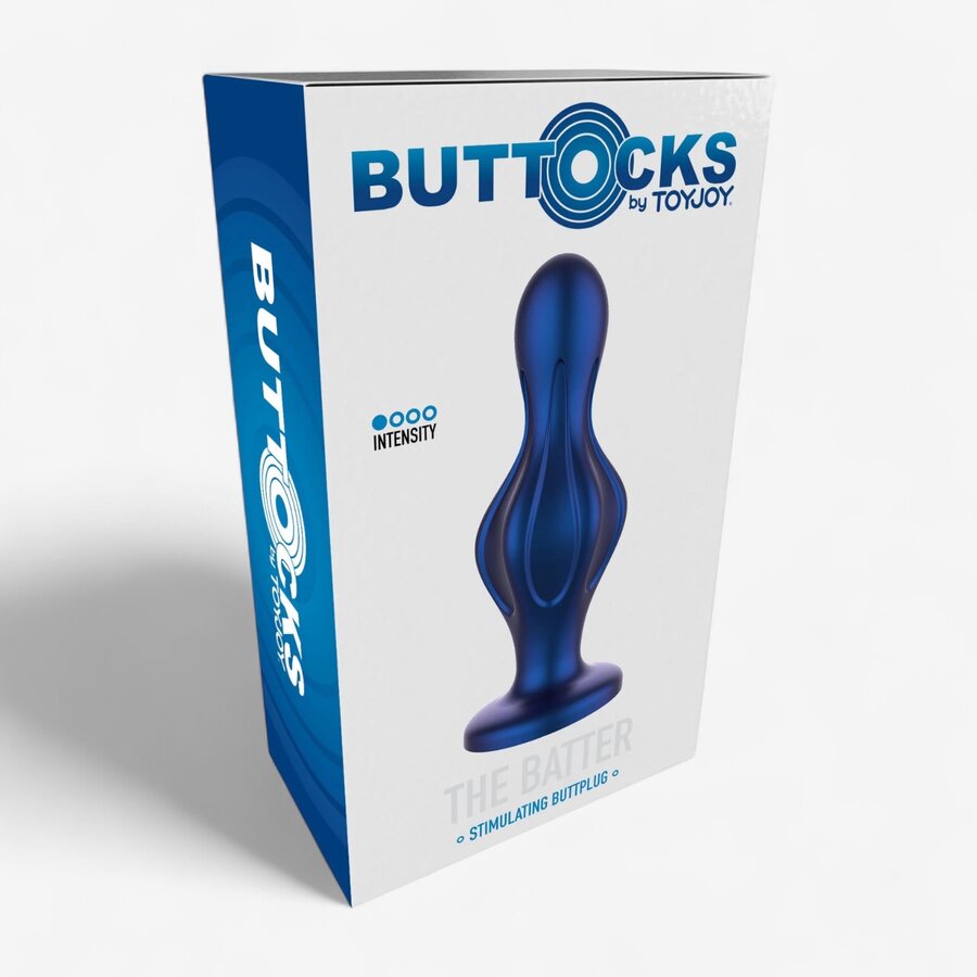 Toy Joy Buttocks The Batter – metallinhohtoinen silikoninen anaalitappi 12 cm (Ø 4,5 cm), sininen