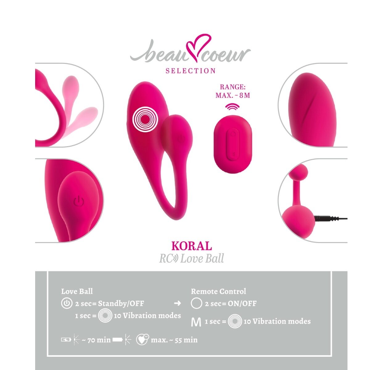 Beau coeur KORAL – Kauko-ohjattava Vibro-Lovepallo